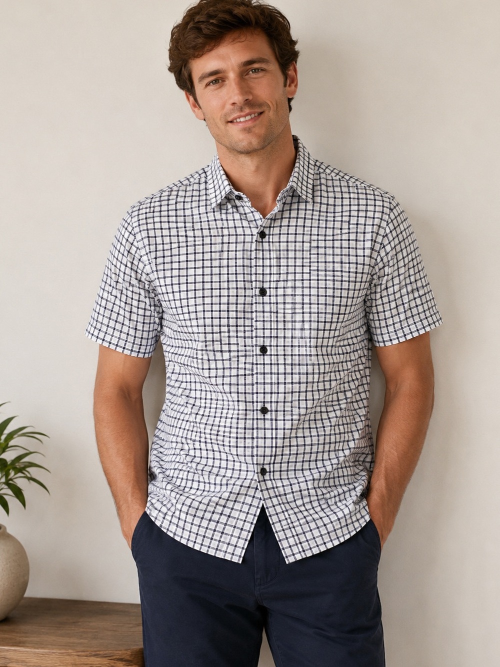 Artefact White and Black Boxed Print Short Sleeve Button Down Shirt Size M